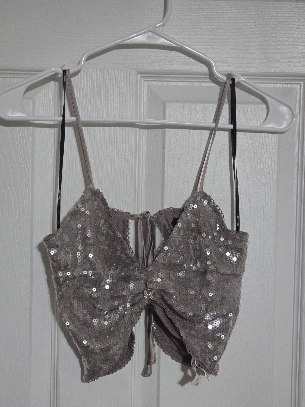 Forever 21 Taupe Sequin Lace Bow-Front Crop Top